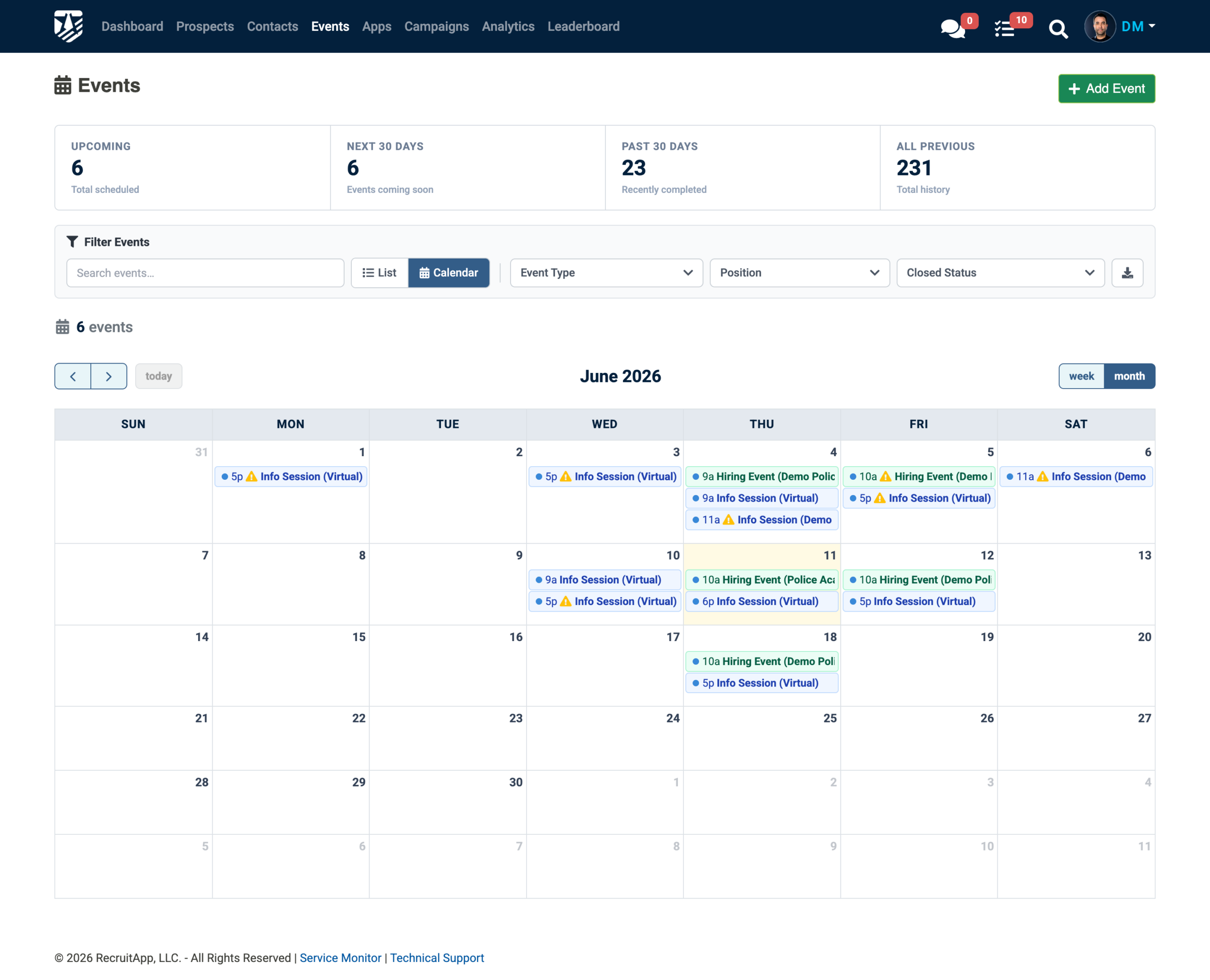 Upcoming Recruiting Events - Calendar View