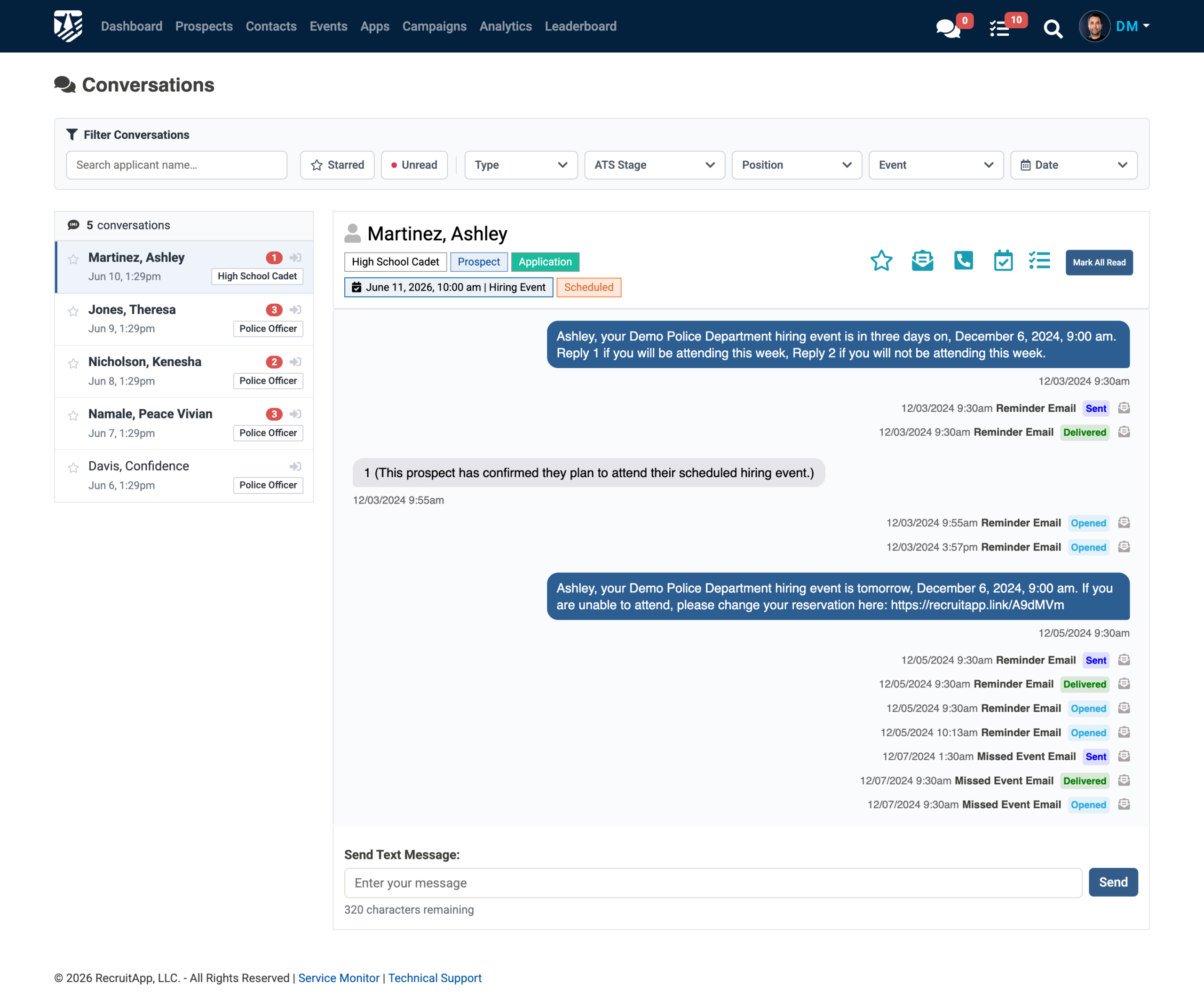RecruitApp Chat Interface with Sorting and Filtering