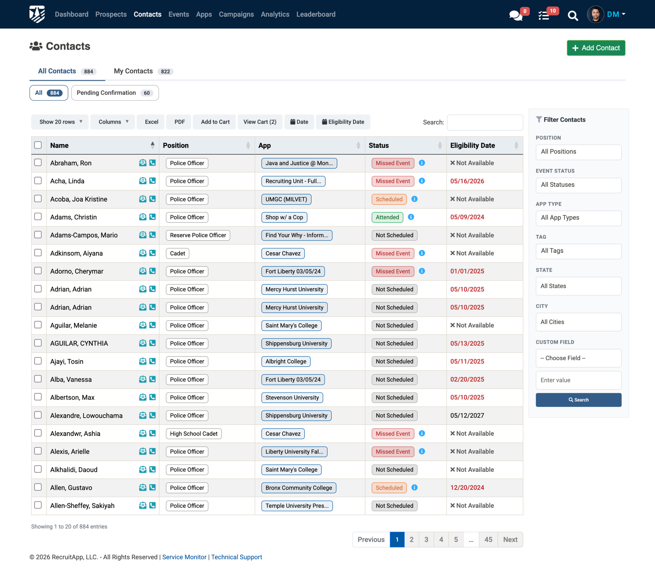 New contacts archive with eligibility tracking and event alerts.